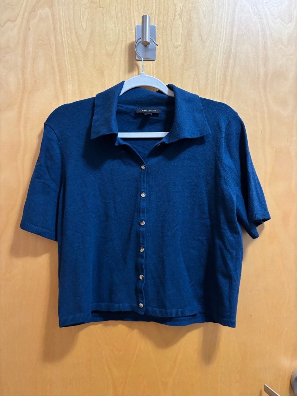 Ann Taylor Blue Short-Sleeve Button-Up Sweater